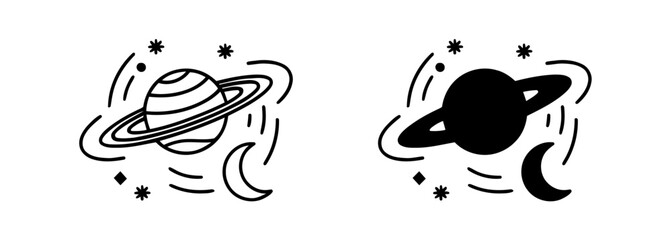 Twin Planet Illustrations with Rings, Stars and Moon in Black and White