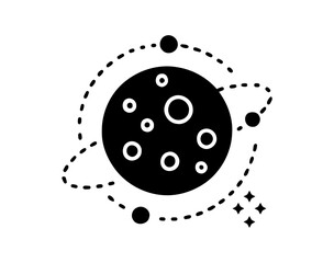 Planet with Craters Orbiting Satellites and Four Stars Graphic in Space