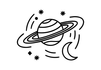 Stylized depiction of a ringed planet with stars and a crescent moon on white