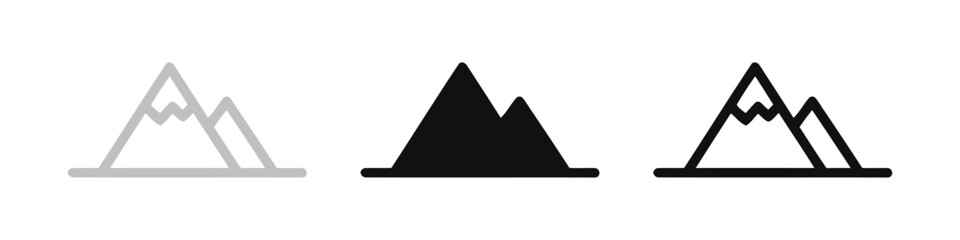 Three variations of mountain peak outline icons in gray and black, set against white background