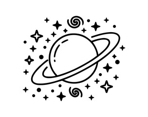 Stylized Ringed Planet Surrounded by Stars and Swirls in Black and White