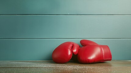 Red Boxing Gloves Resting on Gym Floor Ready for Training Session or Match Preparation at Evening