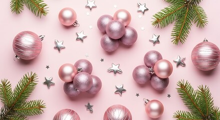Christmas Baubles: A collection of delicate, rose-tinted baubles, interspersed with shimmering star-shaped ornaments and sprigs of fresh evergreen, all arranged artfully on a soft pink backdrop.