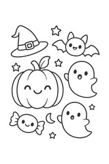 Halloween cartoon vector illustration set featuring funny pumpkin characters, smiling ghosts, and a child