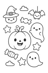 Funny cartoon character vector icon set design illustration - Halloween doodle coloring