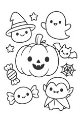 Cute cartoon character set for childhood fun and happiness illustration - Halloween doodle coloring