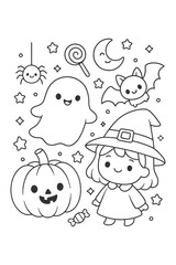Vector cartoon illustration set with funny faces for a coloring book - Halloween doodle