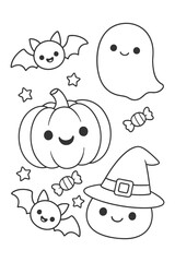 A fun set of cartoon, including a smiling, perfect for a coloring book illustration - Halloween doodle