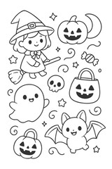 A funny set of cartoon vector characters and child-like illustrations - Halloween doodle coloring