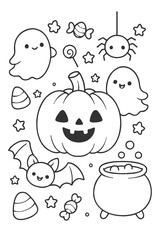 Cartoon  Coloring Book for Kids with Fun Smiling Faces and Simple Outlines - Halloween doodle