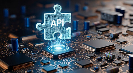 API technology integration concept in circuit board background. Concept of software development and digital innovation.