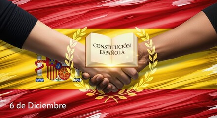 Spanish Constitution Day celebration, national holiday, hands shaking holding open book, vibrant flag background, December sixth, congratulatory banner, festive greeting.