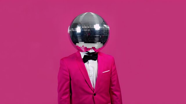 Person in a vivid magenta suit with a reflective disco ball helmet posing against a solid pink background
