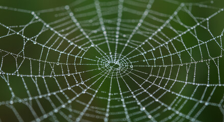Obraz premium Morning Dew on a Spider Web: Close-Up Macro of Silvery Droplets in a Circular Web