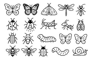 Hand drawn black and white insect line art collection with butterflies, bees, and more