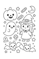 Funny cartoon coloring book set illustrations - Halloween doodle