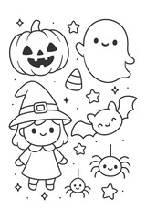 A fun set of funny cartoon monsters and animal characters for a child's coloring book, outlined in a simple vector illustration style - Halloween doodle