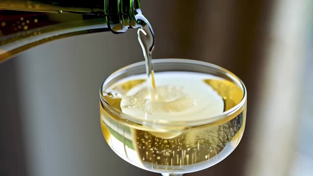 Pouring White Wine into a Crystal Glass from a Green Bottle in an Elegant Setting
