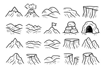 Hand-drawn mountain and landscape icon set featuring natural elements