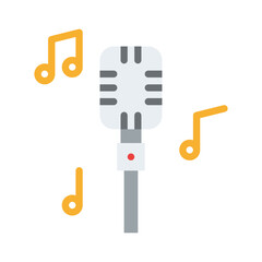 Retro Microphone With Music Notes Isolated On White Background Flat Illustration