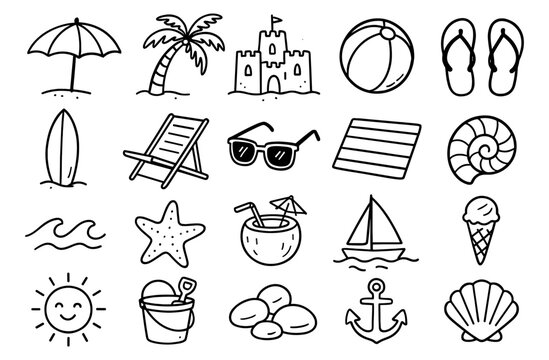 Hand drawn beach icons set with tropical elements and summer vibes