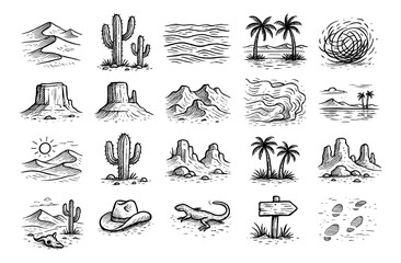 Fototapeta premium Hand-drawn desert elements with cacti, mountains, and wild west symbols