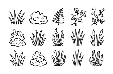 Hand drawn nature elements set: grass, leaves, vines, bushes