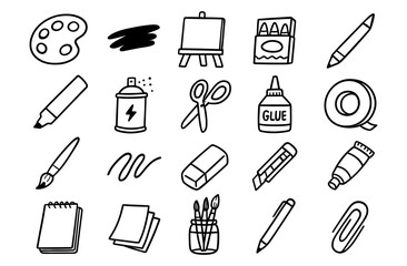 Creative art supplies doodle set featuring sketchy hand-drawn tools and materials