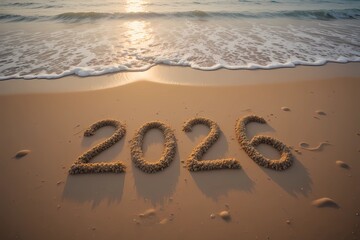 2026 Number Written in Sand on Beach. New Year and Fresh Beginning Concept