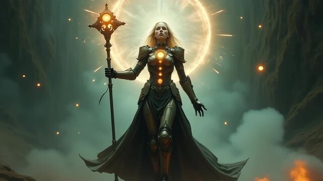 Armored Woman Holding Glowing Staff