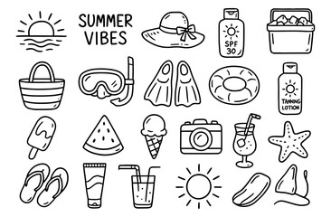 Summer essentials doodle collection: beach, sun, and fun vibes in hand drawn style