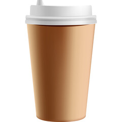 A Realistic Brown Paper Coffee Cup with a White Lid and a Straw is Shown Against a Transparent Background