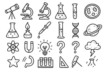 Hand drawn science icons set featuring microscope, telescope, and laboratory equipment