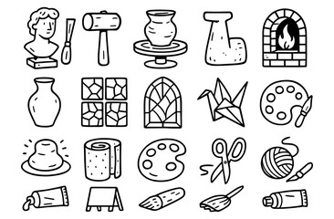 Hand drawn art tools and crafts icons set in doodle style