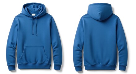 Front and back view of a vibrant blue hooded sweatshirt isolated on white.
