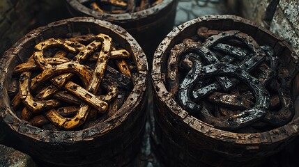 Horseshoe barrels with blacksmith workshop, craft, metalwork, detail, and close up.