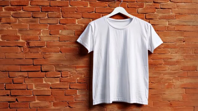 Minimalist Garment Display: A plain white T-shirt hangs on a classic wooden hanger against a rustic red brick wall. A testament to style, simplicity, and timeless design.