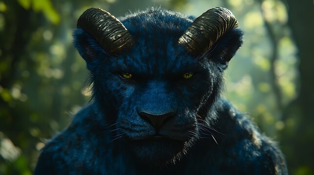 Mystical horned panther in forest with creature portrait, and fantasy. - Powered by Adobe