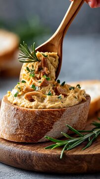 Delicious culinary journey: creamy spread preparation with fresh herbs and crusty bread