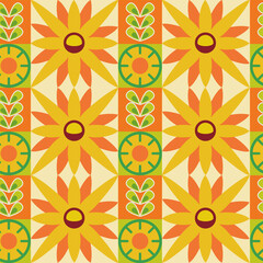 Retro Style Repeating Floral Geometric Pattern with Yellow Orange Sun Flowers and Green Accents on a Pale Yellow Background
