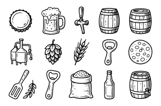 Hand drawn craft beer elements with barrels, brewery tools, and ingredients