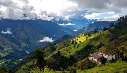Fototapeta premium Picturesque mountain valley scene with lush greenery, rolling hills, and a charming farmhouse nestled amongst the landscape.