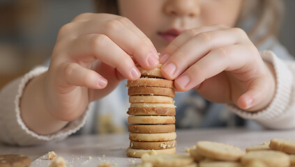 A Young Child Stacking Cookies Carefully Building a Tall Tower of Delicious Treats Enjoying a Playful Moment of Creation