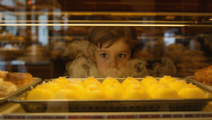 A young child gazes longingly at a tray of sweet pastries displayed in a bakery window