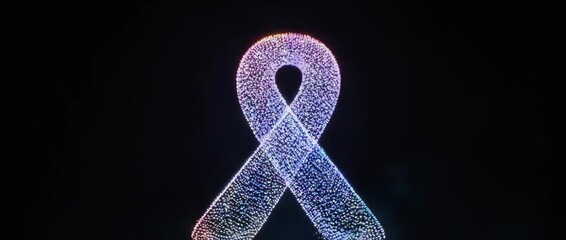 A powerful visual of glowing particles uniting to create an awareness ribbon. Symbolizes community, collective support, and solidarity in the fight against cancer.