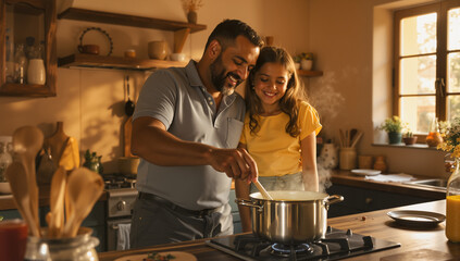 A Father and Daughter Cooking Together in a Sunny Kitchen Making a Delicious Meal for a Special Celebration