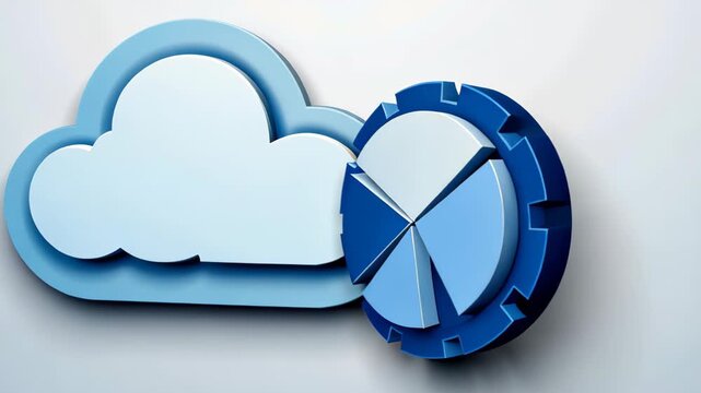 Cloud Computing and Data Analysis: A conceptual image representing cloud computing with a blue cloud and a gear-shaped pie chart, symbolizing data analysis, integration, and technology.