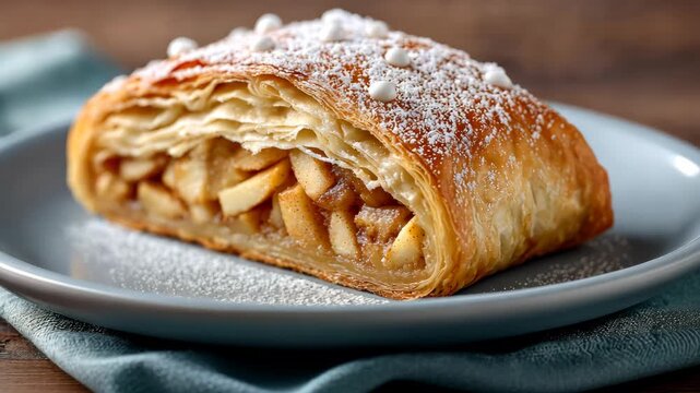 Golden flaky apple strudel on plate with powdered sugar dusting displayed in three frames