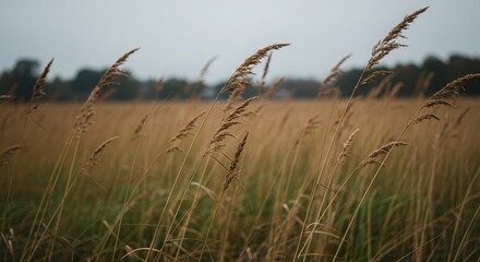 Pampas grass field under a cloudy sky. Autumn nature landscape. Tall dry reeds for nature background or abstract harvest concept.