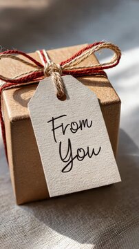 Gift box with rustic tag in sunlight: a cozy holiday scene